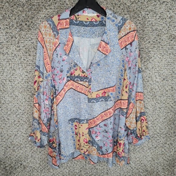 Christian Siriano Top Womens Plus 1X Blue Floral Print Collared Button Up Casual - Picture 1 of 7